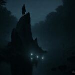 Shadowy human-like figures and faint glowing lights near Devils Rock along Moodna Creek at night, representing the haunted creek legend.