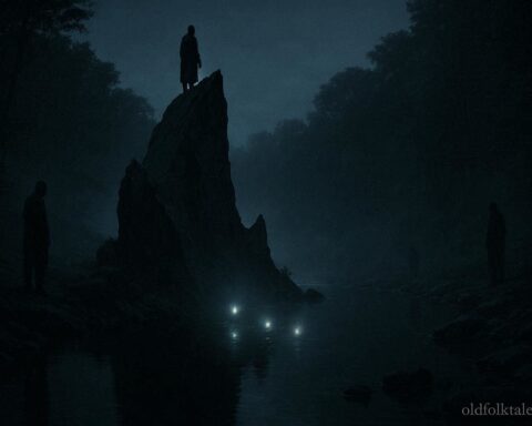 Shadowy human-like figures and faint glowing lights near Devils Rock along Moodna Creek at night, representing the haunted creek legend.