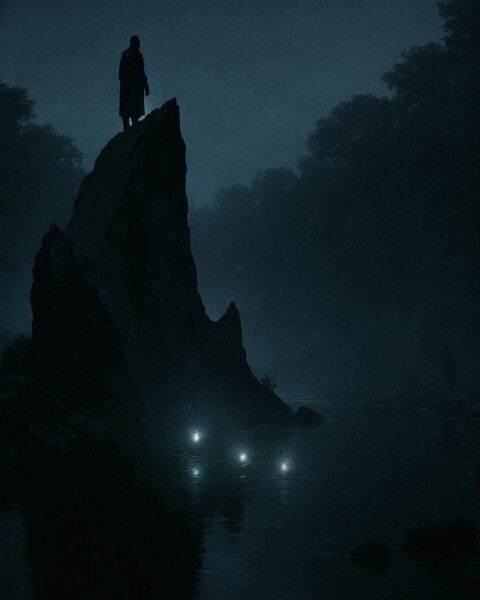 Shadowy human-like figures and faint glowing lights near Devils Rock along Moodna Creek at night, representing the haunted creek legend.