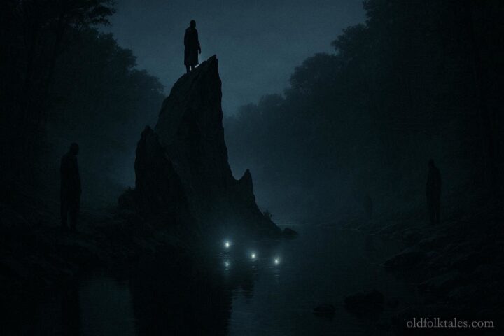 Shadowy human-like figures and faint glowing lights near Devils Rock along Moodna Creek at night, representing the haunted creek legend.