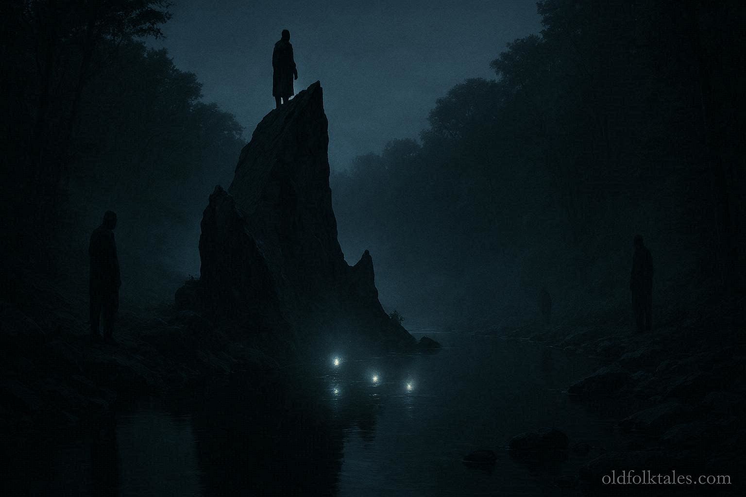 Shadowy human-like figures and faint glowing lights near Devils Rock along Moodna Creek at night, representing the haunted creek legend.
