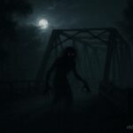 Shadowy humanoid figure with claw-like hands standing on a dark, foggy Texas bridge at night, representing the Donkey Lady ghost legend.