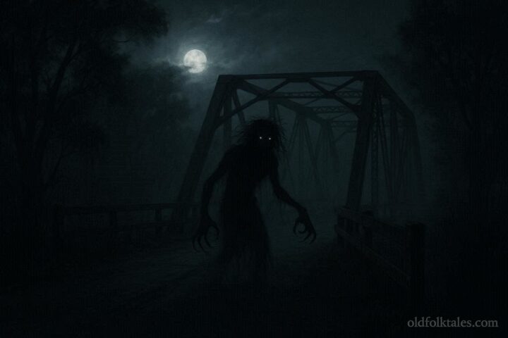 Shadowy humanoid figure with claw-like hands standing on a dark, foggy Texas bridge at night, representing the Donkey Lady ghost legend.