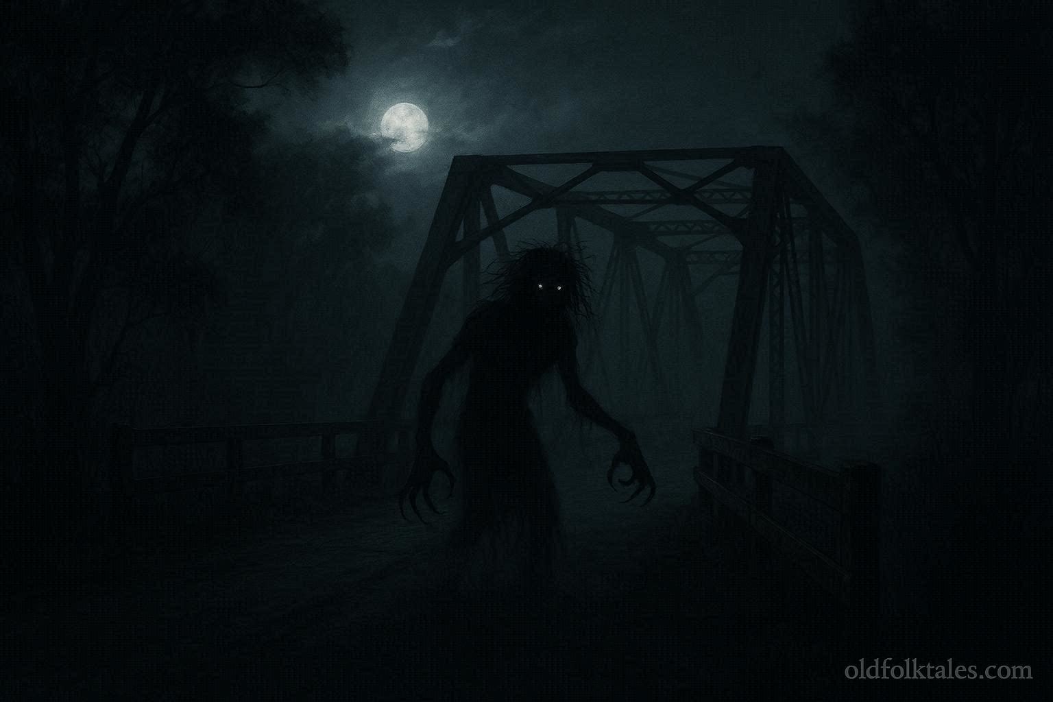 Shadowy humanoid figure with claw-like hands standing on a dark, foggy Texas bridge at night, representing the Donkey Lady ghost legend.