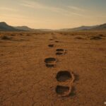 Large unexplained footprints stretching across an empty western landscape