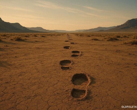 Large unexplained footprints stretching across an empty western landscape