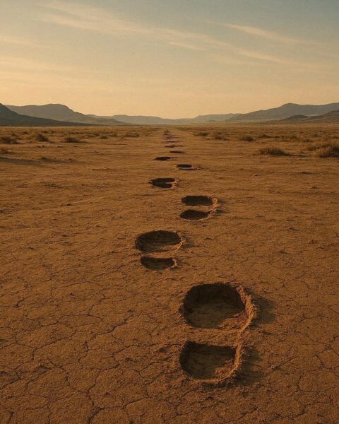 Large unexplained footprints stretching across an empty western landscape