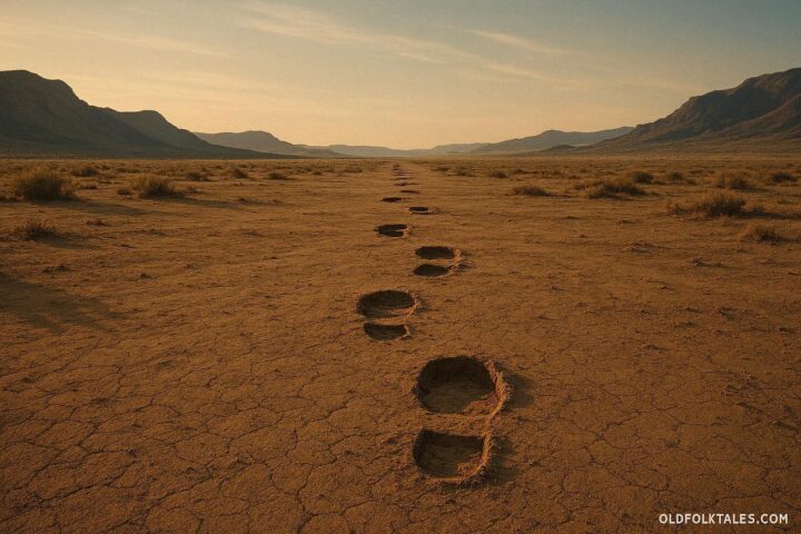 Large unexplained footprints stretching across an empty western landscape