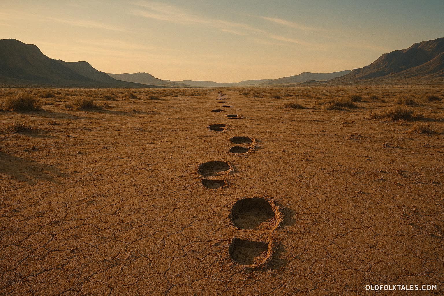 Large unexplained footprints stretching across an empty western landscape