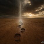 Mysterious footprints on dry plains with rain falling only along their path