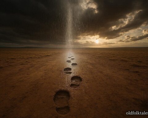 Mysterious footprints on dry plains with rain falling only along their path