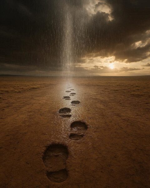 Mysterious footprints on dry plains with rain falling only along their path
