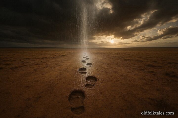 Mysterious footprints on dry plains with rain falling only along their path