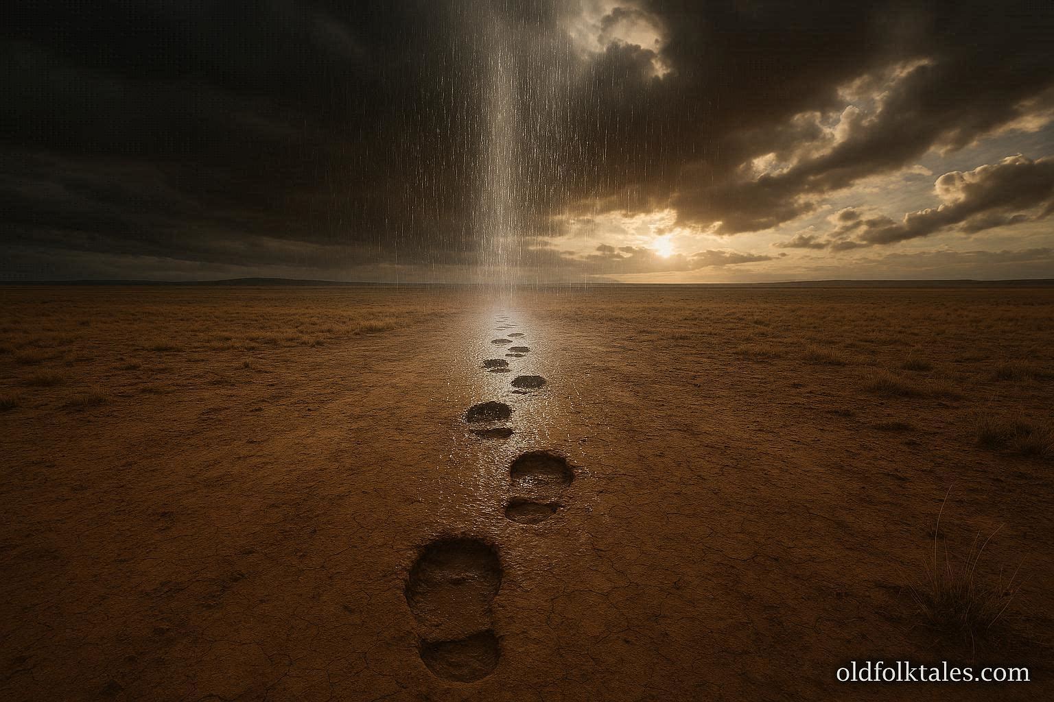 Mysterious footprints on dry plains with rain falling only along their path