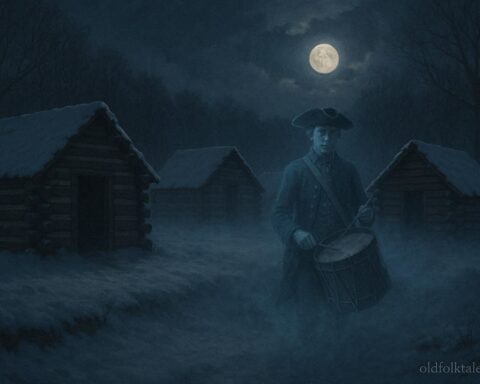 Ghostly drummer boy standing near wooden huts at a snowy Revolutionary War camp in Valley Forge.