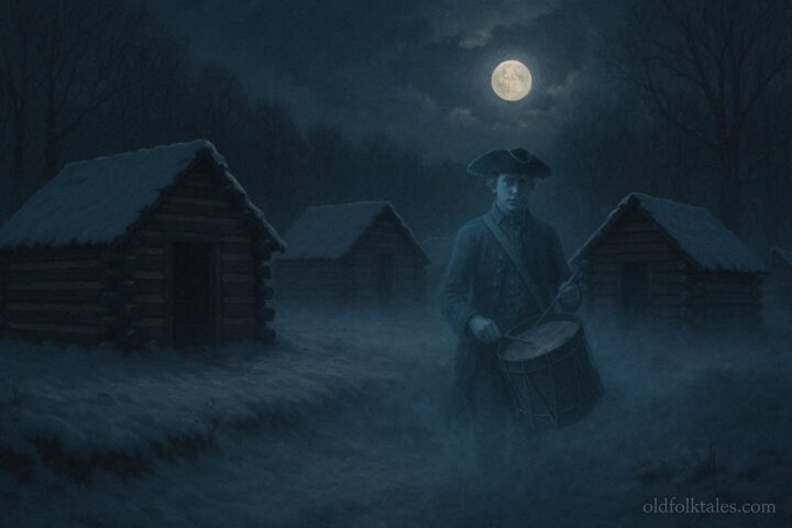Ghostly drummer boy standing near wooden huts at a snowy Revolutionary War camp in Valley Forge.