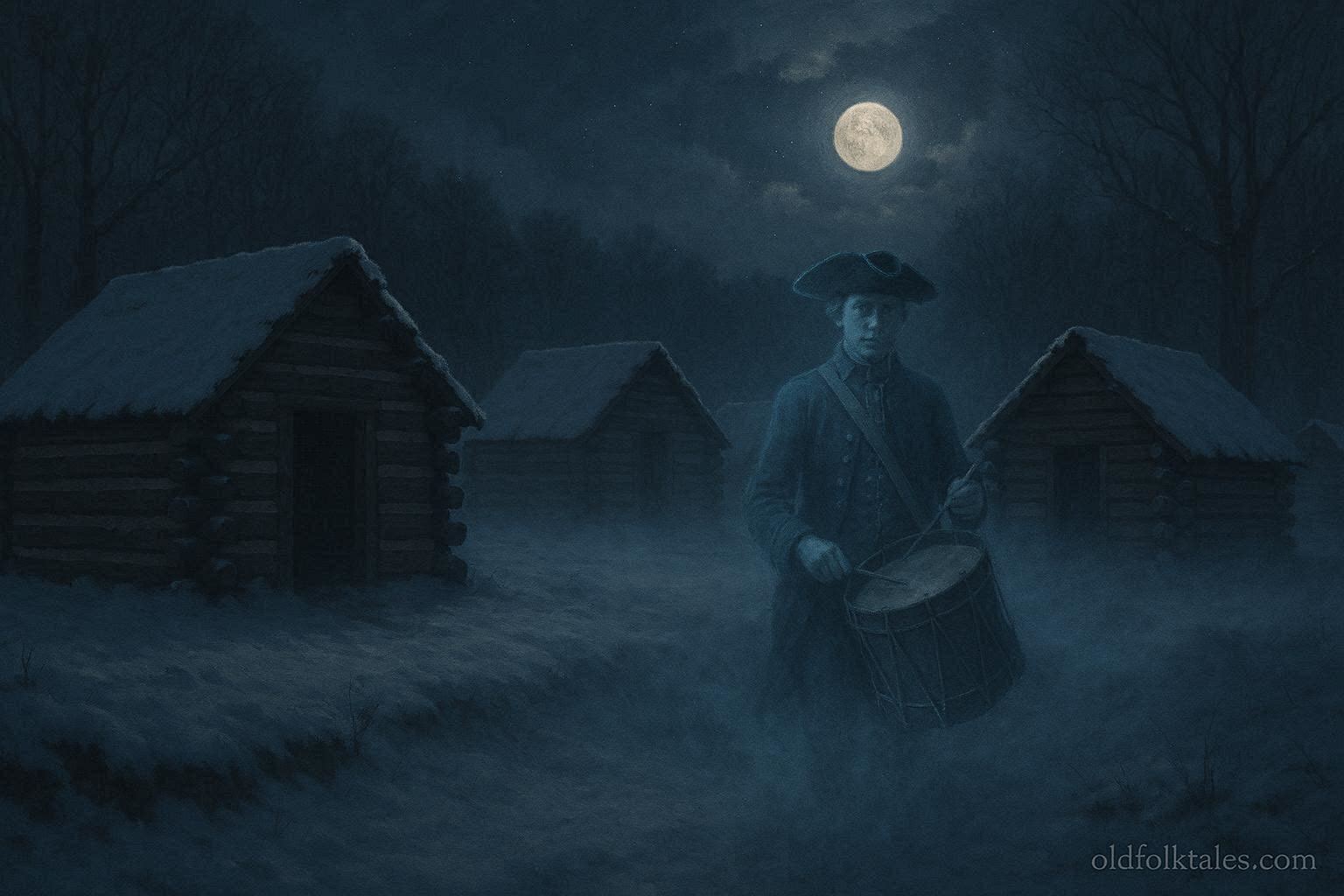 Ghostly drummer boy standing near wooden huts at a snowy Revolutionary War camp in Valley Forge.