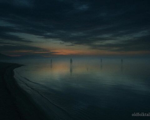 Great Salt Lake shoreline at dusk with faint shadowy figures over the water