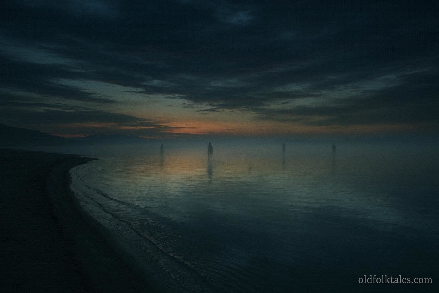 Great Salt Lake shoreline at dusk with faint shadowy figures over the water
