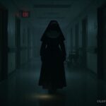 Shadowy headless nun in a habit walking through a dim Texas hospital corridor at night, representing the Christus Hospital ghost legend.