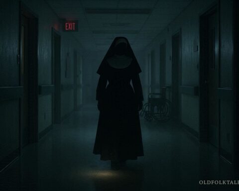 Shadowy headless nun in a habit walking through a dim Texas hospital corridor at night, representing the Christus Hospital ghost legend.