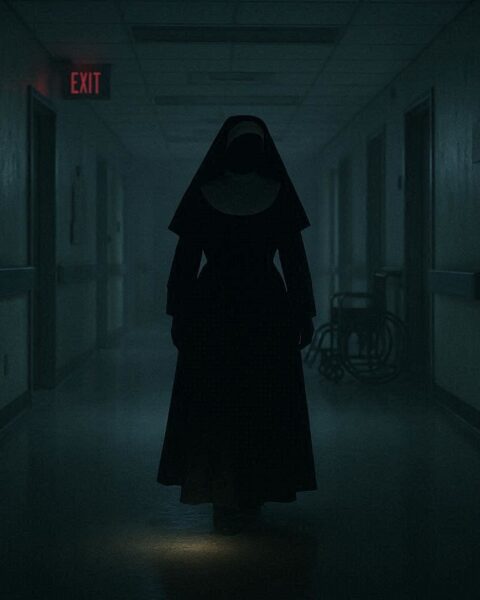 Shadowy headless nun in a habit walking through a dim Texas hospital corridor at night, representing the Christus Hospital ghost legend.