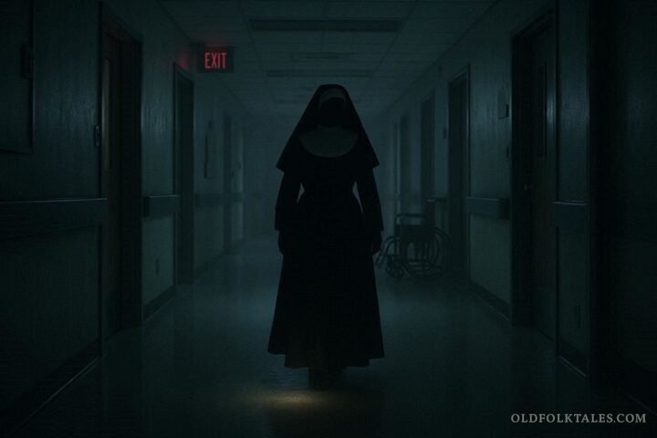 Shadowy headless nun in a habit walking through a dim Texas hospital corridor at night, representing the Christus Hospital ghost legend.