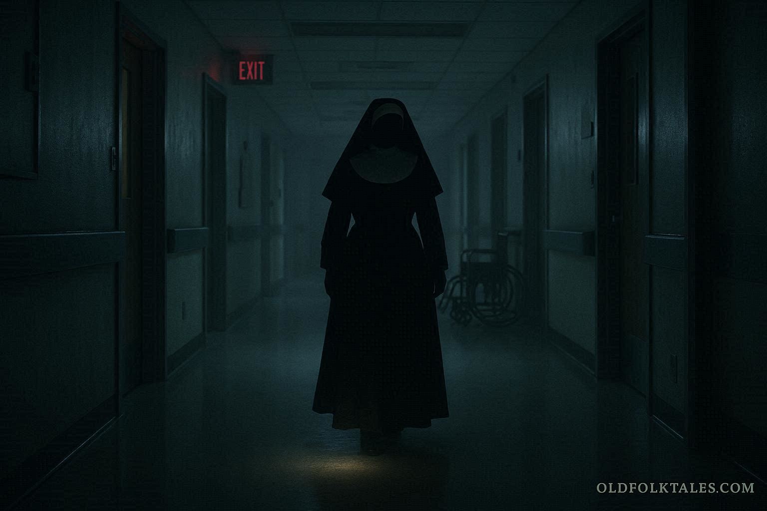 Shadowy headless nun in a habit walking through a dim Texas hospital corridor at night, representing the Christus Hospital ghost legend.