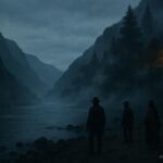 Shadowy figures along a riverbank in Hells Canyon at dusk with steep canyon cliffs