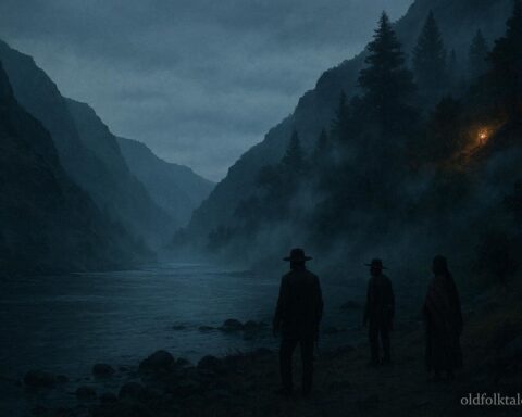 Shadowy figures along a riverbank in Hells Canyon at dusk with steep canyon cliffs