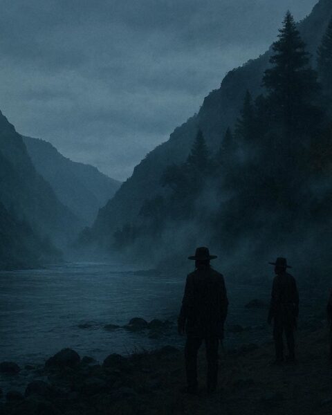 Shadowy figures along a riverbank in Hells Canyon at dusk with steep canyon cliffs