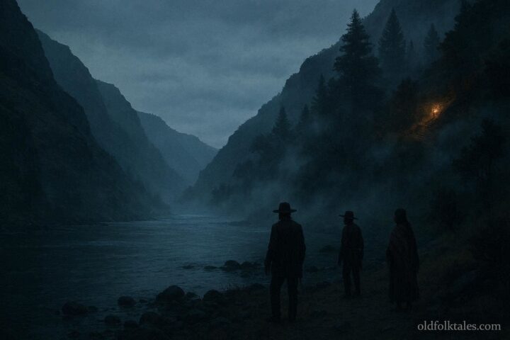 Shadowy figures along a riverbank in Hells Canyon at dusk with steep canyon cliffs