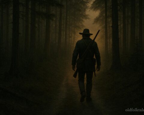 A shadowy frontiersman walking ahead on a forest trail at dusk