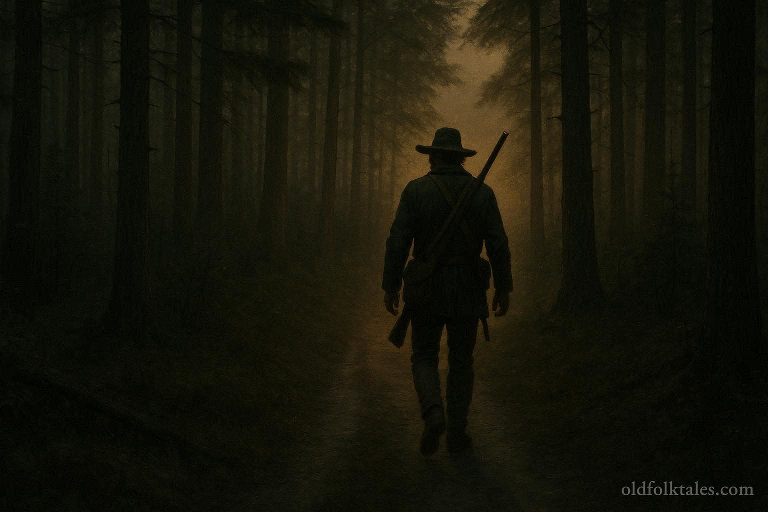 A shadowy frontiersman walking ahead on a forest trail at dusk