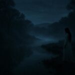 Shadowy figure of La Llorona in white gown standing near Rio Grande riverbank at night with mist rising, representing the Weeping Woman ghost legend.