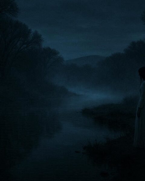 Shadowy figure of La Llorona in white gown standing near Rio Grande riverbank at night with mist rising, representing the Weeping Woman ghost legend.