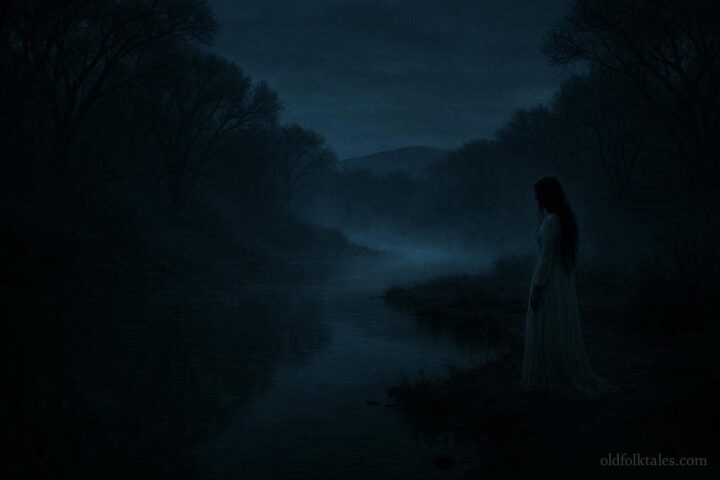 Shadowy figure of La Llorona in white gown standing near Rio Grande riverbank at night with mist rising, representing the Weeping Woman ghost legend.
