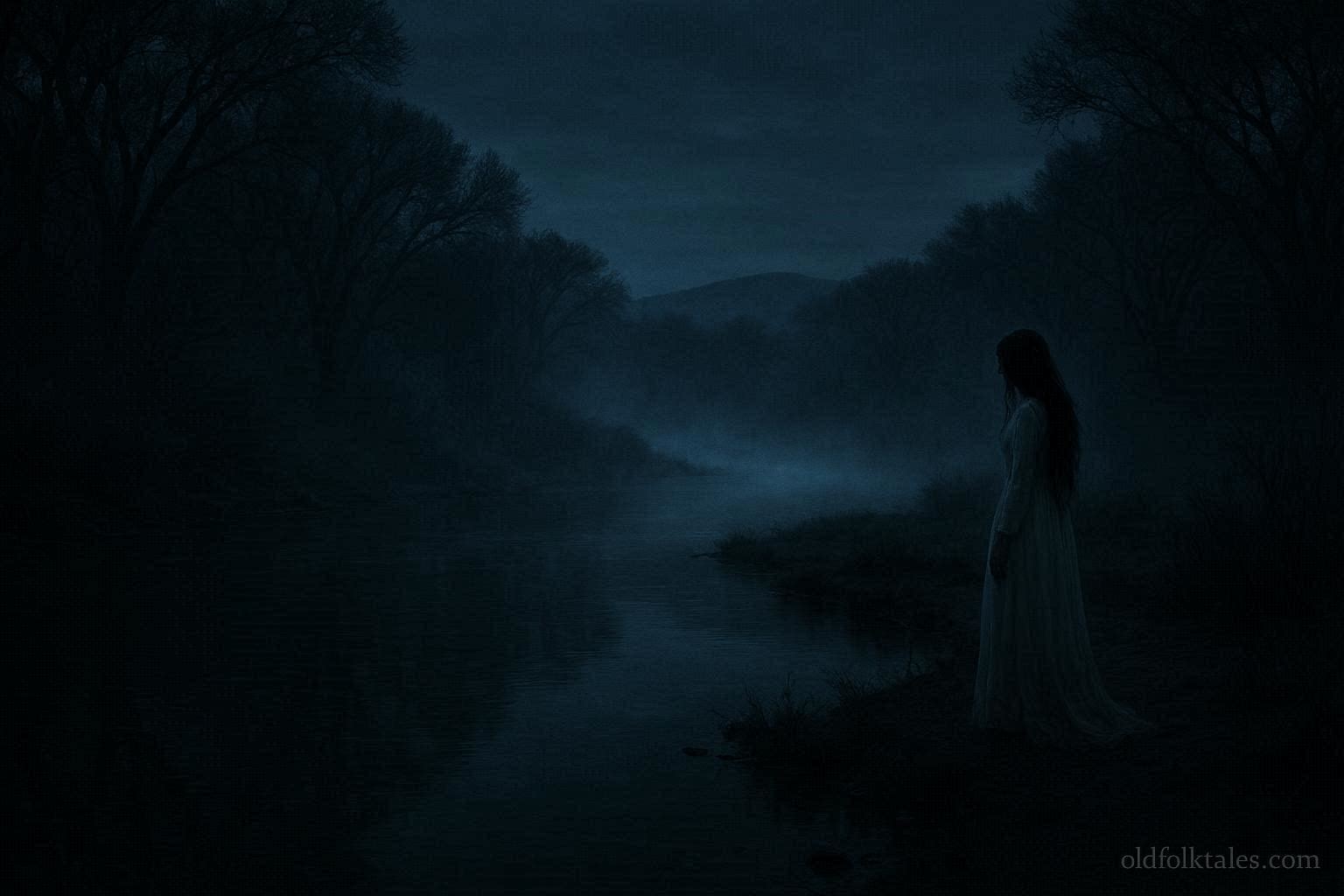 Shadowy figure of La Llorona in white gown standing near Rio Grande riverbank at night with mist rising, representing the Weeping Woman ghost legend.