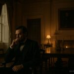 A historical figure sitting in a dimly lit room reflecting on a dream