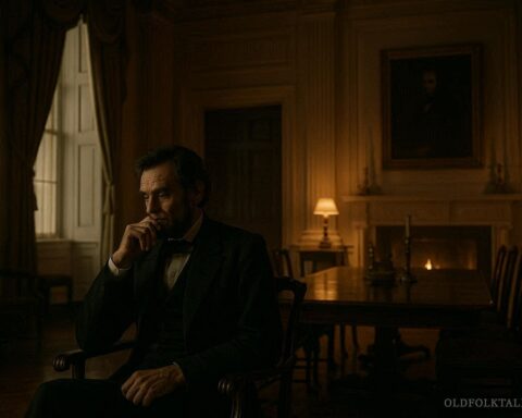 A historical figure sitting in a dimly lit room reflecting on a dream