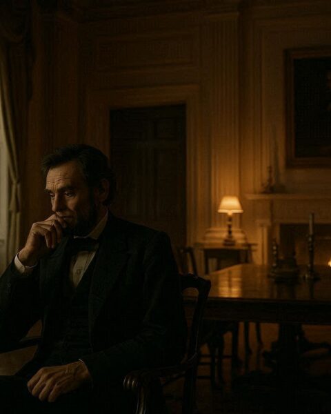 A historical figure sitting in a dimly lit room reflecting on a dream