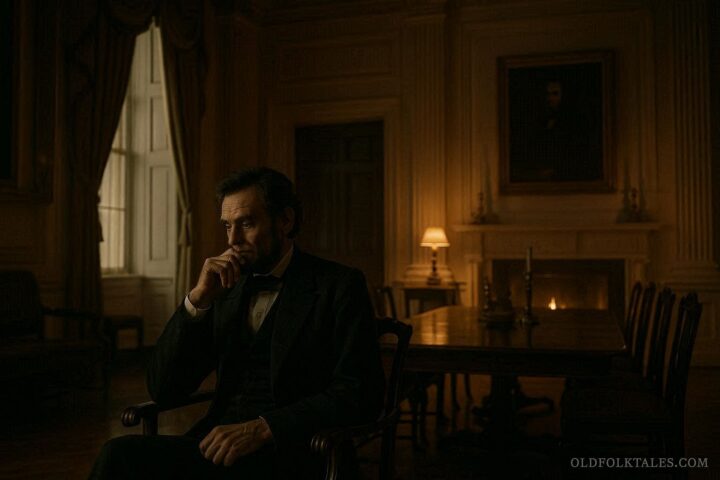A historical figure sitting in a dimly lit room reflecting on a dream