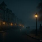 Historic Mackinac Island street at night with faint shadowy figure and soft lantern lights