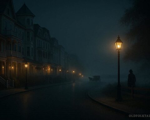 Historic Mackinac Island street at night with faint shadowy figure and soft lantern lights