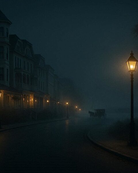 Historic Mackinac Island street at night with faint shadowy figure and soft lantern lights