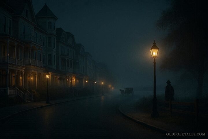 Historic Mackinac Island street at night with faint shadowy figure and soft lantern lights