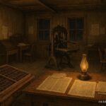 Interior of a nineteenth century Tombstone Arizona newspaper office with a hand operated printing press and oil lamp lighting unfinished pages.