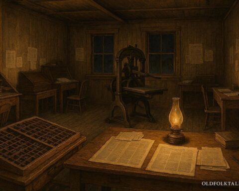 Interior of a nineteenth century Tombstone Arizona newspaper office with a hand operated printing press and oil lamp lighting unfinished pages.