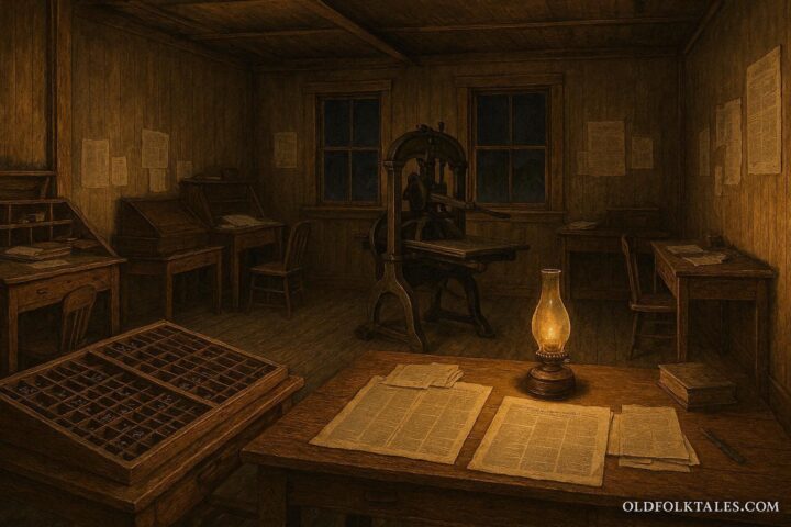 Interior of a nineteenth century Tombstone Arizona newspaper office with a hand operated printing press and oil lamp lighting unfinished pages.