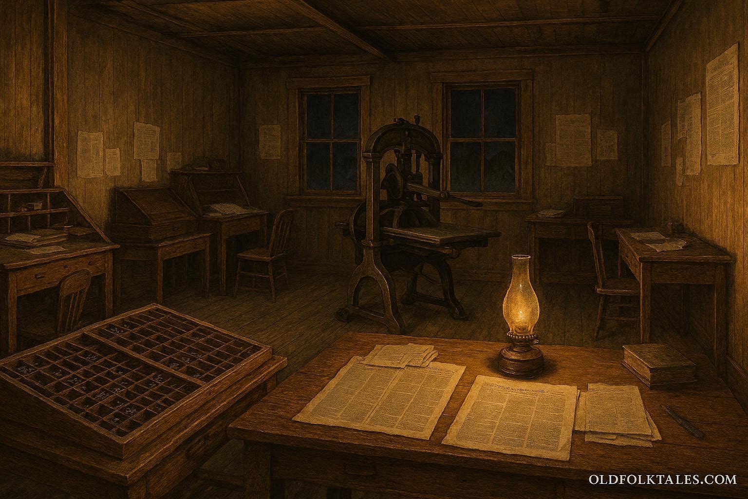 Interior of a nineteenth century Tombstone Arizona newspaper office with a hand operated printing press and oil lamp lighting unfinished pages.